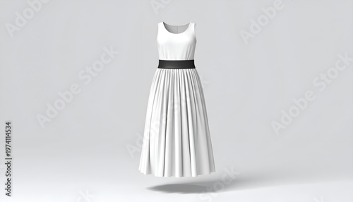 A white sleeveless, floor-length dress with black waist belt, floating on a gray backdrop
