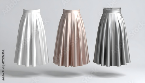 Three elegant, pleated skirts in white, rose-gold, and silver hover in front of a neutral backdrop