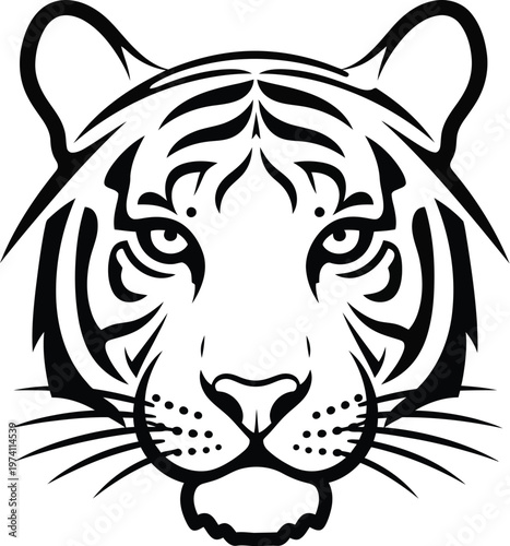 Black and white tiger head with a strong gaze and striking features