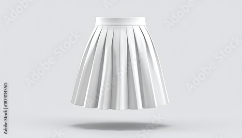 A pristine white pleated skirt, floating against a clean white backdrop, casting a shadow