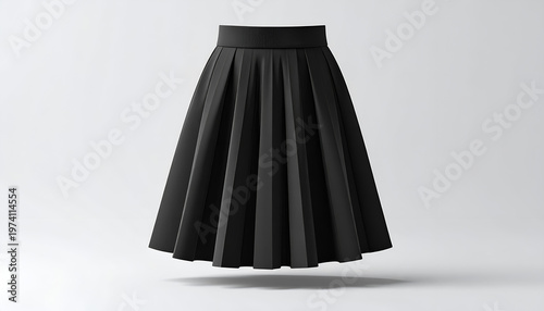 A rendered image of a black pleated midi skirt floating over a white background