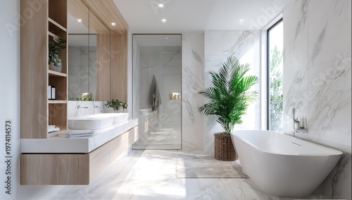 A modern luxurious bathroom features white marble walls a sleek freestanding bathtub and a large indoor plant in a wooden basket under bright lighting