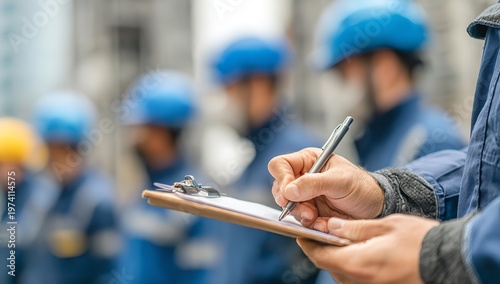 A diligent construction supervisor meticulously records essential site data on a clipboard amidst a bustling industrial environment with soft natural light