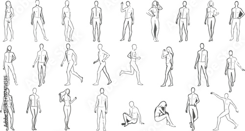 Minimalist architectural people sketches, 27 outline vector figures in various poses, hand drawn human silhouettes for urban planning and site sections