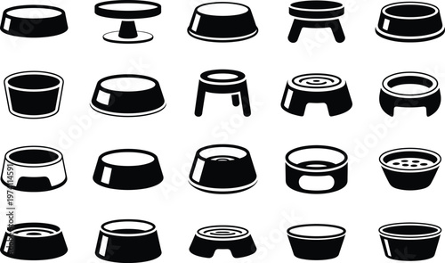 Collection of twenty pet bowl silhouettes in diverse designs, vector illustration for animals, feeding accessories, food containers, pet care, and veterinary projects