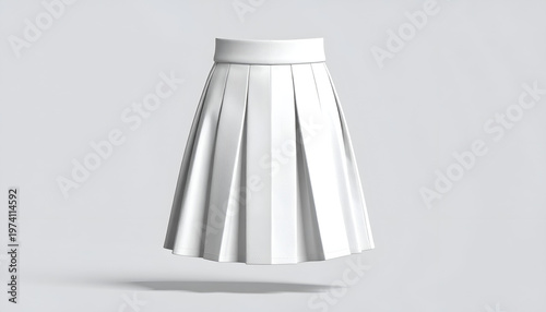 A floating, white pleated skirt against a soft gray background, studio-lit