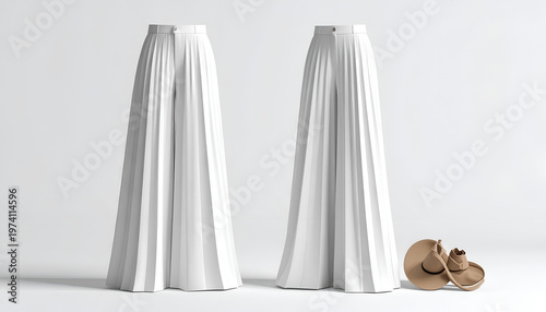 Two white, pleated palazzo pants and two straw hats on a plain white backdrop