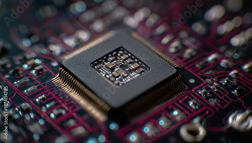 A complex central computer processor chip rests on a dark motherboard with intricate red circuit traces in a high-tech dimly lit digital lab environment
