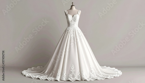 Elegant white ballgown on a mannequin, showcasing delicate lace and flowing skirt