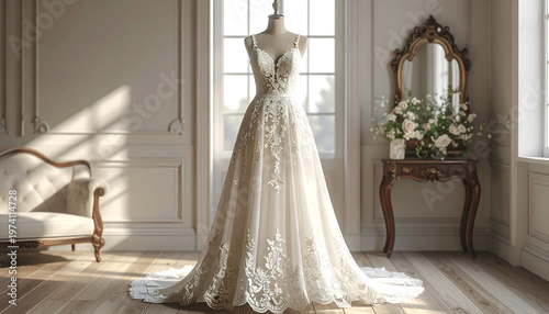 Elegant wedding gown on a mannequin, in a light-filled room with vintage details