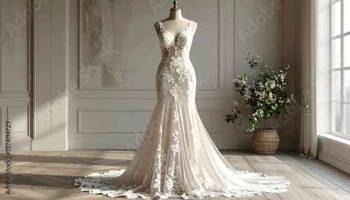 A detailed image of a bridal gown on a mannequin in a sunlit, elegant interior setting
