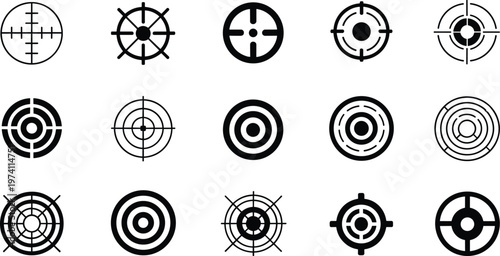 Collection of sixteen circular target and crosshair silhouettes with concentric rings, vector illustration for gaming, optics, design, focus, and interface projects