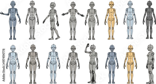 Futuristic female robot character set, 16 metallic android girl icons in various poses, silver and gold humanoid cyborg vector collection for sci-fi gaming