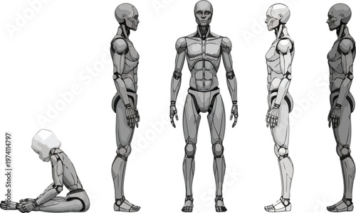 Futuristic humanoid robot character sheet, robotic android mannequin in front and side views, mechanical cyborg body vector set for game design and sci-fi