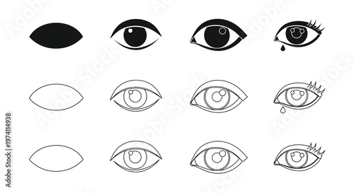 Stylized eye illustrations in varying degrees of detail and emotion