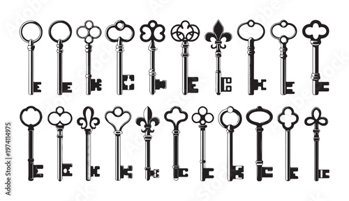 Collection of vintage skeleton keys in two rows on white background Vector illustration.