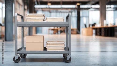 Industrial metal cart carries two neat stacks of documents and two brown cardboard boxes through a bright modern open-plan office with concrete floors