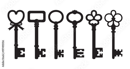 Group of six antique decorative keys in black silhouette on white background Vector art.