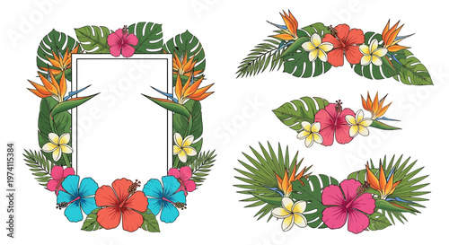 Vibrant tropical floral arrangements adorn leafy green frames and borders with colorful flowers.