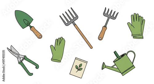 Gardening Tools Collection - Trowel, Forks, Gloves, Shears, Seeds, Watering Can.