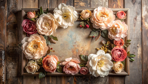 Soft pastel floral frame, artificial flowers, vintage design, elegant and detailed composition