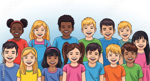 Diverse group of happy children smiling together in a colorful illustration.