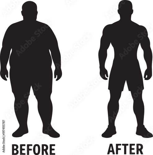 Silhouette comparison illustrating weight loss transformation from before to after fitness high-quality