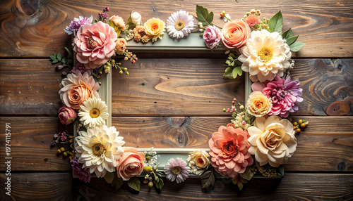 Decorative frame with artificial flowers, vintage style, gentle colors, intricate ornamental details