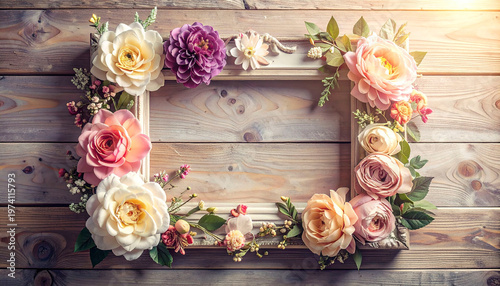 Elegant artificial flower frame, soft palette, vintage pattern, detailed and graceful floral design