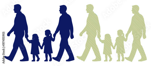 Two fathers holding hands with their two daughters, walking together in silhouette