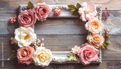 Vintage floral frame with artificial blooms, pastel tones, refined details, classic decorative style