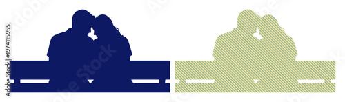 Silhouettes of a loving couple sharing a tender moment on a park bench