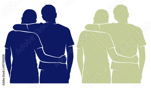 Two diverse pairs of friends standing together with arms around each other, showing unity and support.