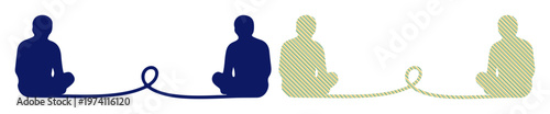 Two figures sit meditating, connected by a flowing line representing shared energy or thought.