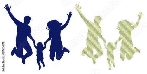 Joyful family silhouette with arms raised high in a celebratory jump, representing happiness and togetherness.