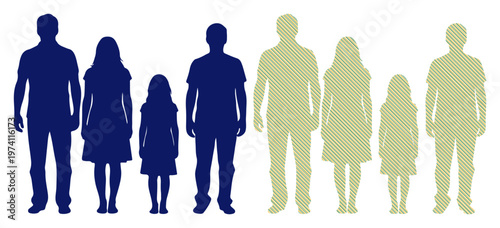 Diverse family silhouettes showcasing different heights and ages, representing unity and growth