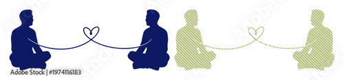 Two pairs of people meditating, connected by heart strings.