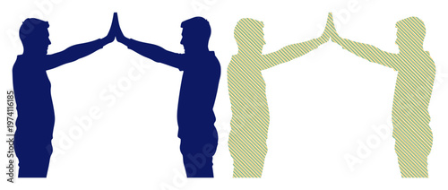 Two pairs of silhouetted men giving high fives, representing teamwork and success.