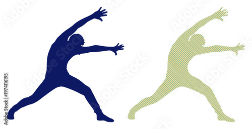 Silhouettes of two people in dynamic yoga poses, representing balance and movement.