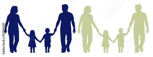 Silhouettes of two families, each with parents holding their children's hands, walking together.