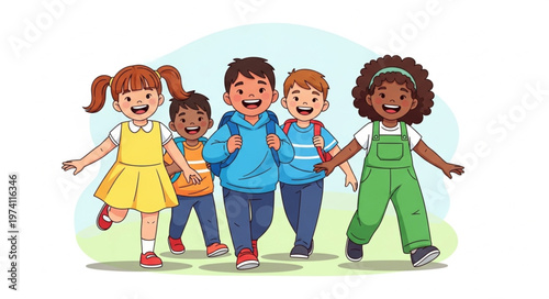 Diverse group of happy children walking together outdoors.