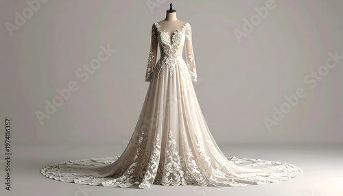Elegant, flowing white bridal gown on a mannequin, long sleeves, train, and detailed lace