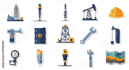 Oil and Gas Industry Equipment and Tools Vector Illustration Set.