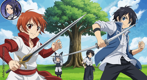 Anime characters in dynamic samurai sword duel on sunny grassy field with trees and blue sky