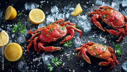 Three cooked red crabs arranged on a bed of crushed ice with fresh lemon wedges and green parsley sprigs sit on a dark textured culinary background