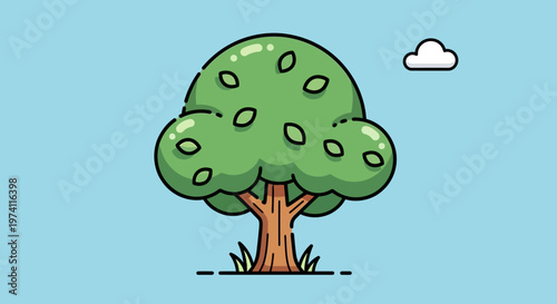 cartoon tree with smiling face and thought bubble on blue sky background