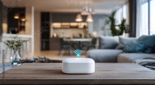 Compact white smart home wireless router sits prominently on a textured wooden table with a glowing blue connectivity signal in a blurred modern kitchen