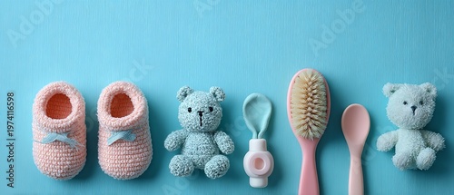 Adorable pink crochet baby booties are placed alongside cute plush teddy bears and a grooming brush on a bright turquoise wooden board for a baby theme