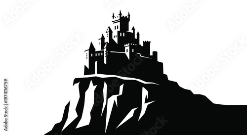 A striking black silhouette of a medieval castle atop a rocky hill