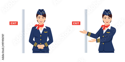 image of a flight attendant pointing to the exit
